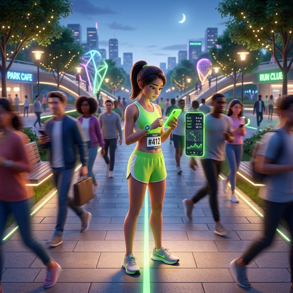 Premium 3D rendering showing a runner isolated with their phone in a vibrant city